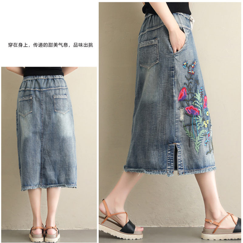Jupe en jean taille élastique pour femmes-jupe longue brodée Vintage extensible confortable avec poches tenue décontracté coréenne F1209