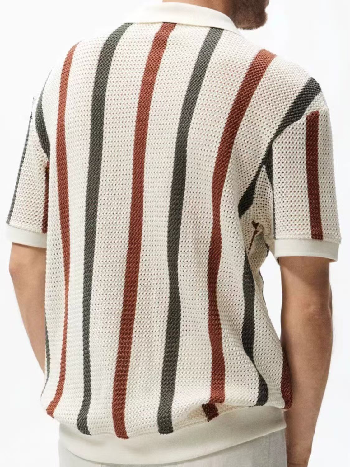 Chemises tricotées kaki ajourées pour hommes et femmes, Polo rayé contrasté, t-shirt d'affaires ample à manches courtes, été 2025