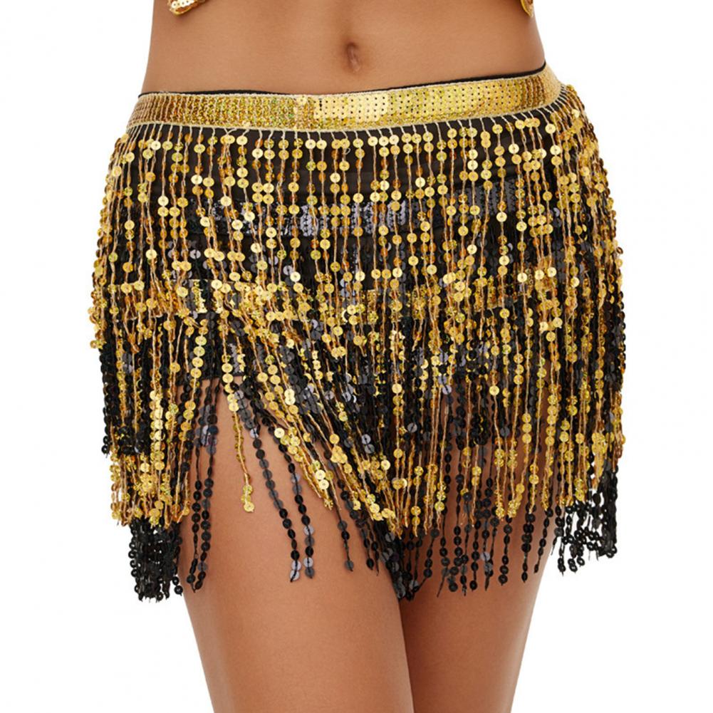 Jupe de danse orientale bohème à taille élastique, avec franges et sequins, pour performance de danse latine et hula en club ou soirée