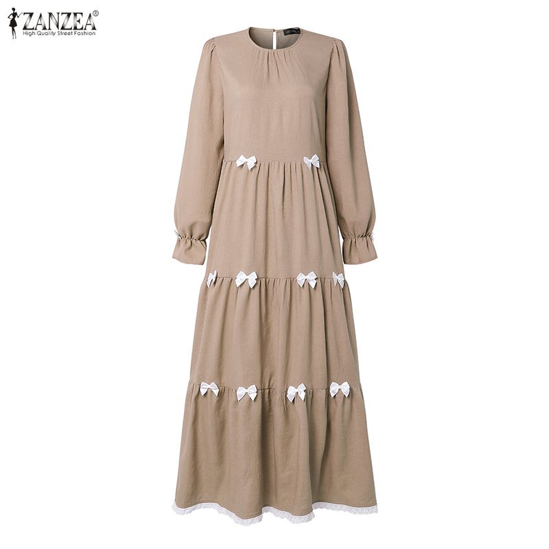 Robes Musulmanes Tendance 2026 ZANZEA – Robe de Ramadan Élégante pour Femme, Col Rond, Manches Longues, Nœuds, Robe d'Été, Abaya de Dubaï, Femme, Hijab, Vestidos