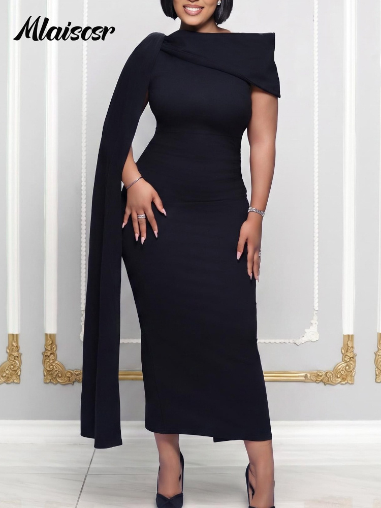Robe Cape Asymétrique Bleu Clair Élégante pour Femme, Sans Manches, Taille Haute, Moulante, Longueur Midi, Idéale pour Soirées Formelles, Mariages ou Tenue de Bureau