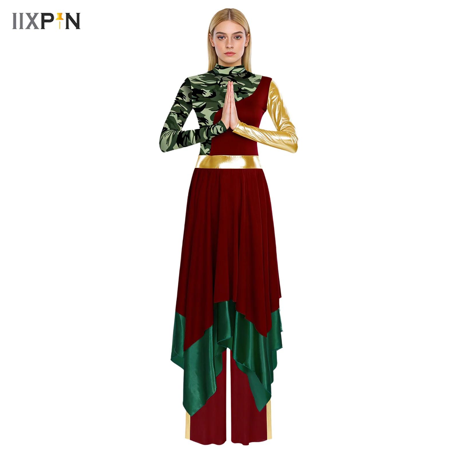 Robe de danse liturgique pour femmes, imprimée, à manches longues, à ourlet irrégulier, longueur midi, avec pantalon large, tenue pour l'église et les fêtes