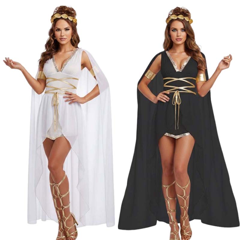 Costume de déesse grecque romaine sexy pour femmes, robe tunique blanche et noire avec cape, bordure dorée, tenues de fête d'Halloween et de carnaval