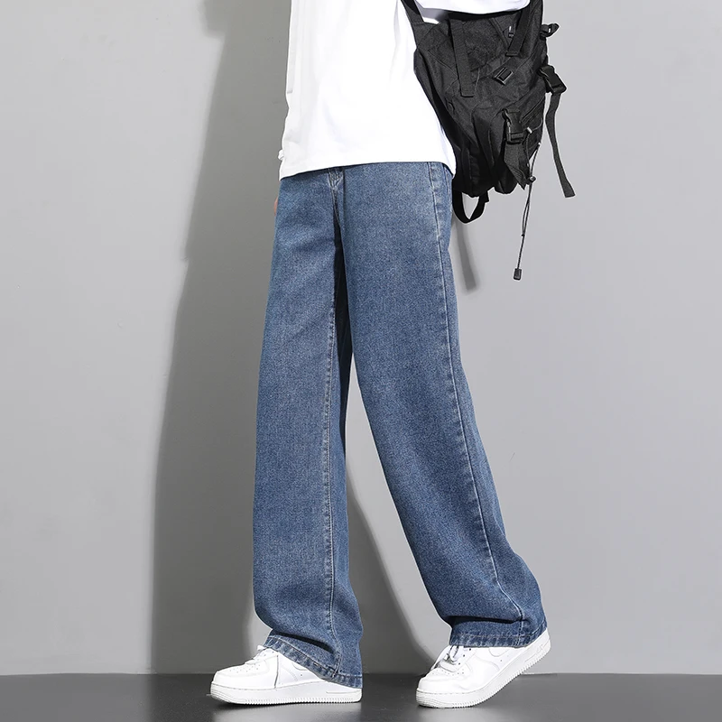 Nouveau Jean Cargo Homme Coréen Décontracté 2026 – Coupe Droite Classique, Jambe Large, Couleurs Unies (Bleu Clair, Noir) – Taille 3XL