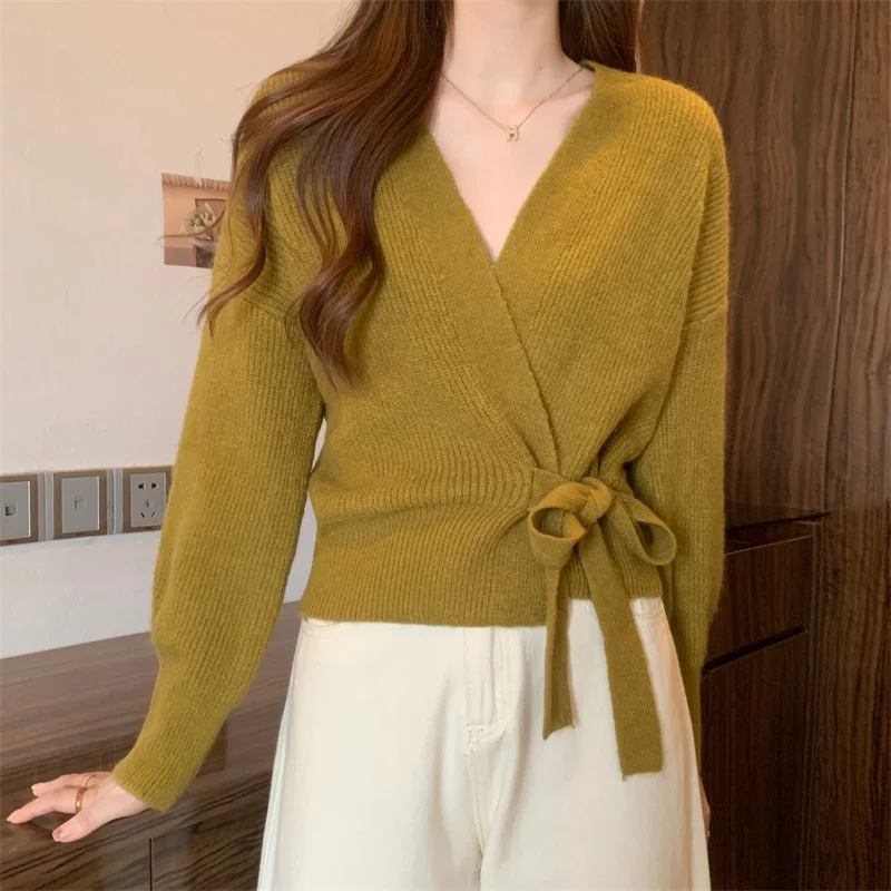 Cardigan portefeuille tricoté pour femmes, avec cravate latérale, surplis sur le devant, veste pull, automne hiver, mode élégante pour dames