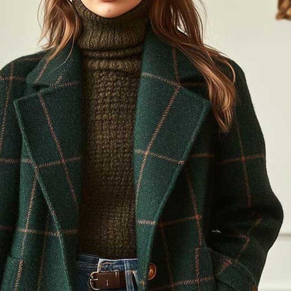 Manteau en laine pour femme 2026, style rétro à carreaux, décontracté et élégant, mi-long, avec revers, vêtements pour femme