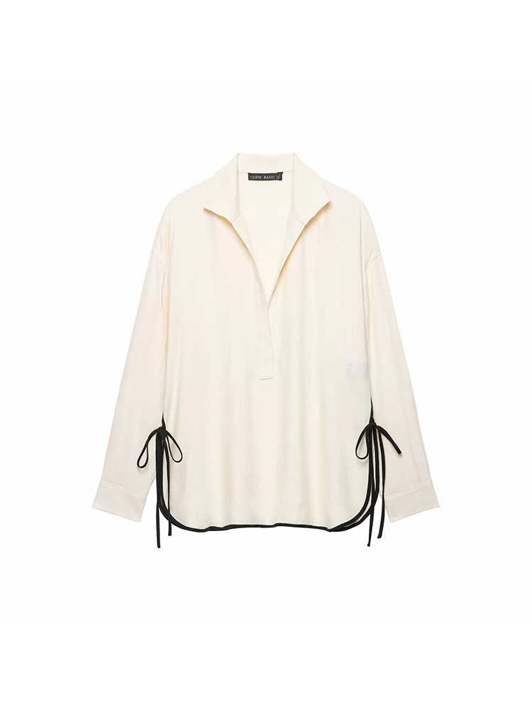 Ensemble 2 pièces pour femme : Blouse à col contrastant et manches longues, et pantalon large assorti – Tenue décontractée pour femme
