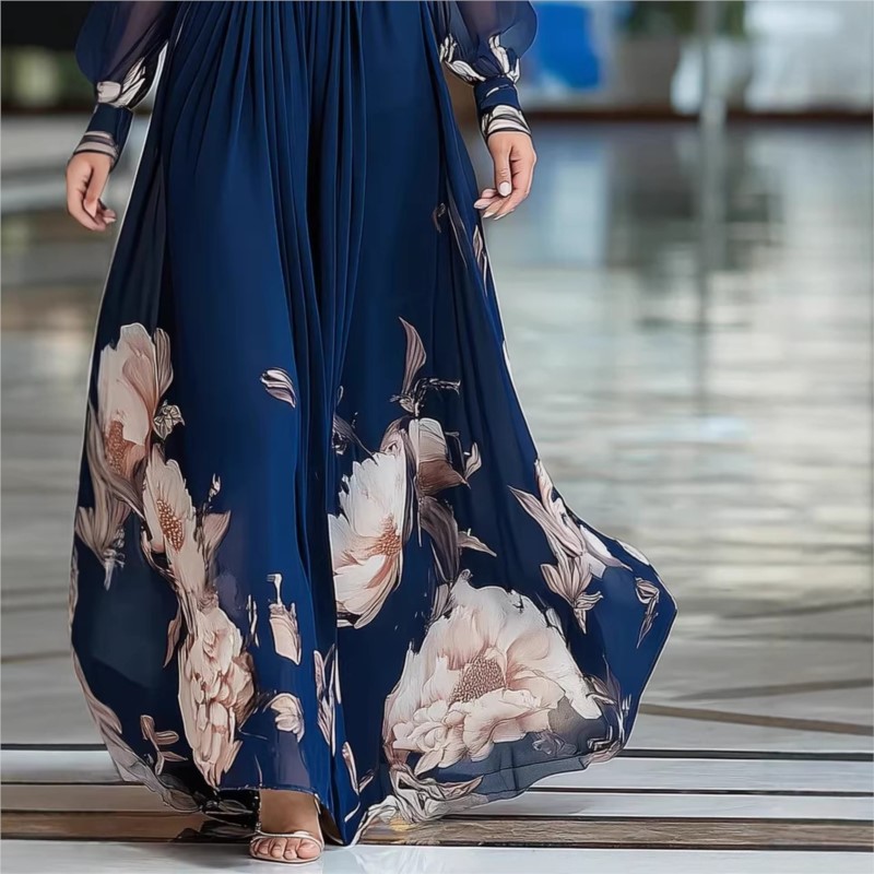 Robe longue élégante en mousseline 2026 à imprimé floral, col en V, manches lanternes, taille haute, coupe évasée pour femme, idéale pour les vacances