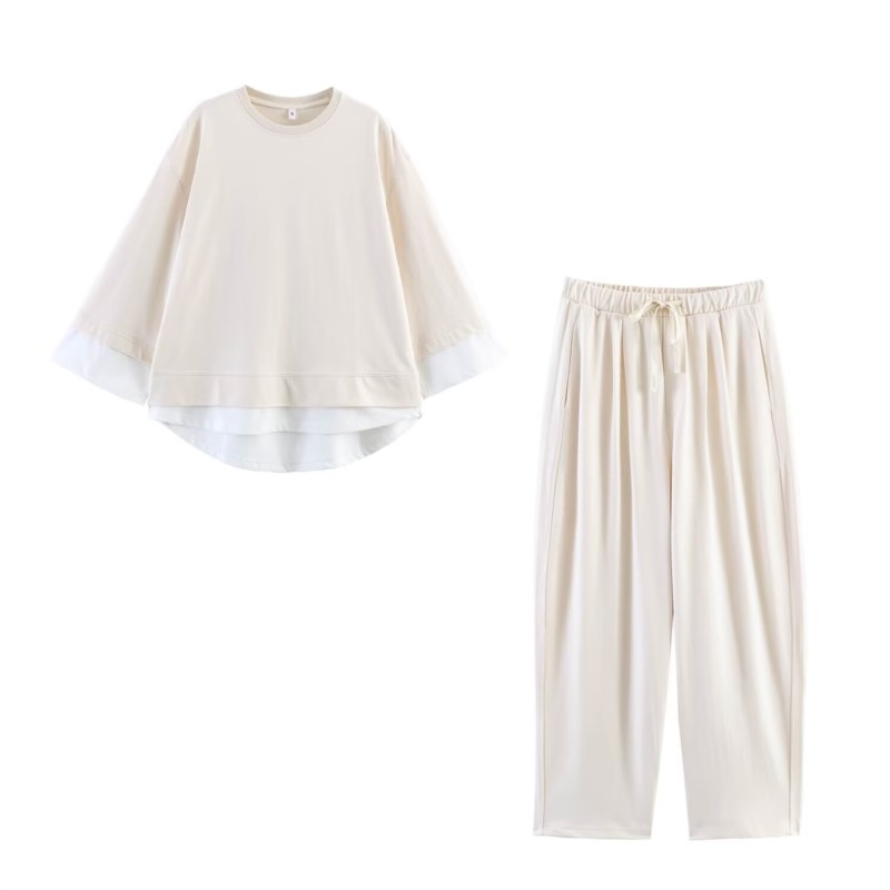 Ensemble pantalon femme été col rond manches courtes haut contrastant taille élastique pantalon sarouel à lacets décontracté mode 2 pièces