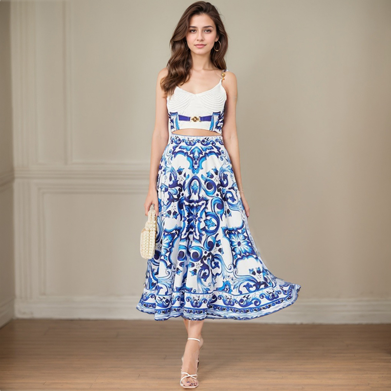 Ensemble deux pièces pour vacances à la plage, haut court à boutons dorés et jupe longue, imprimé bohème, à la mode, bretelles spaghetti, été