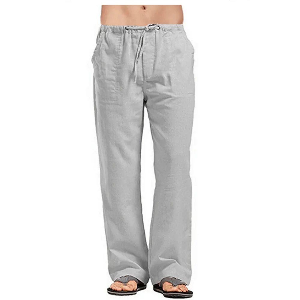 Pantalon d'été en coton et lin pour hommes, couleur unie, respirant, décontracté, taille élastique, pantalon de Fitness