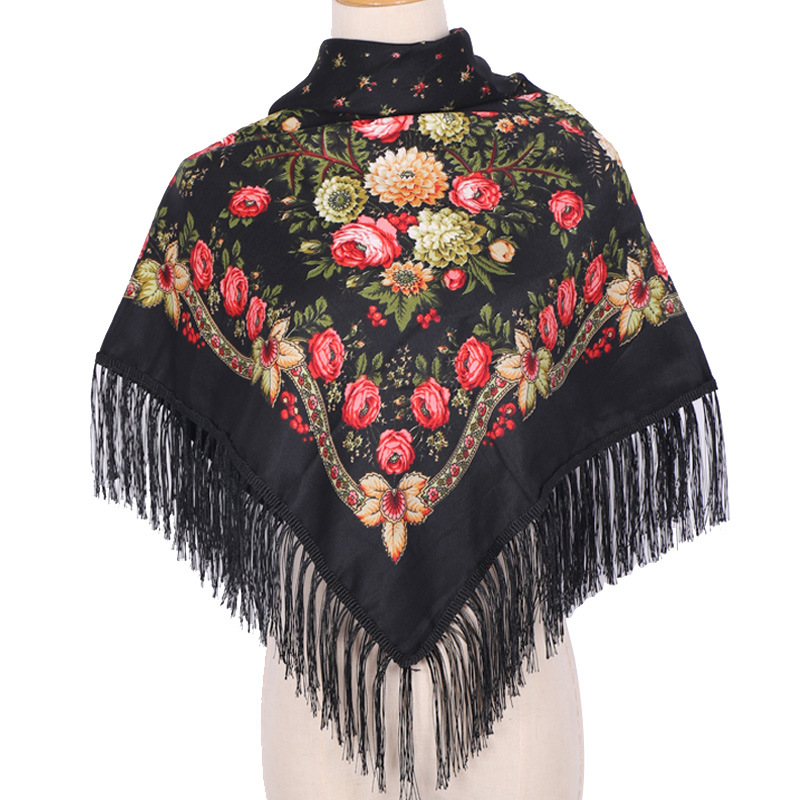 Nouveau Foulard Ethnique pour Femme, Hijab, Écharpe Musulmane Imprimée à Pompons, Châle Chaud pour Femmes d'Âge Moyen et Âgées, Bandana Carré