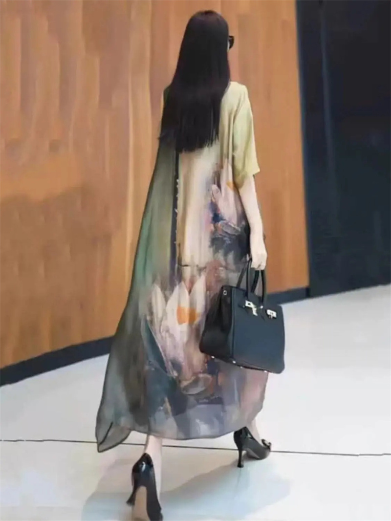 Robe longue amincissante d'été haut de gamme, tendance, style rétro, jupe large avec imprimé floral, coupe ample et amincissante