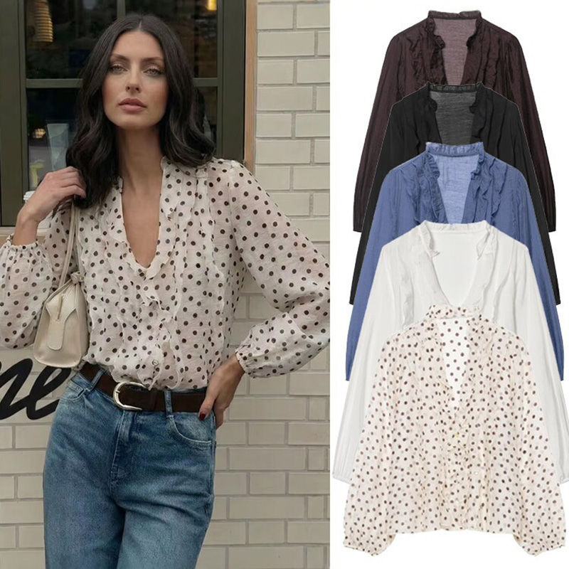 Chemises amples à volants pour femmes Printemps Été Femme Manches longues Superposées Col en V Chemise sexy Femme Casual Mode Blouses polyvalentes