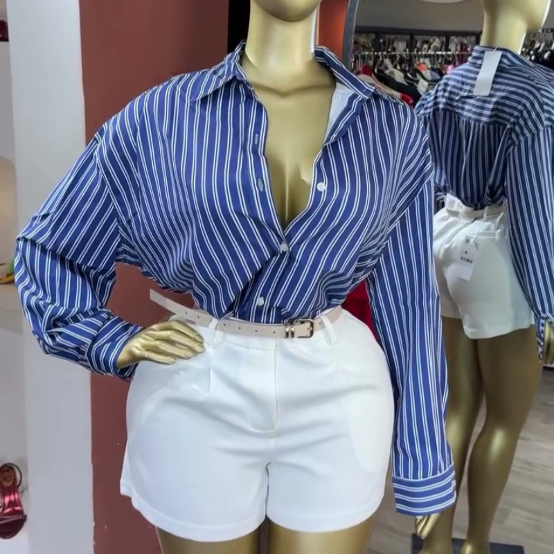 Nouvelle Chemise Élégante pour Femme à Rayures Imprimées, Manches Longues, Col Rabattu, Boutonnage Simple