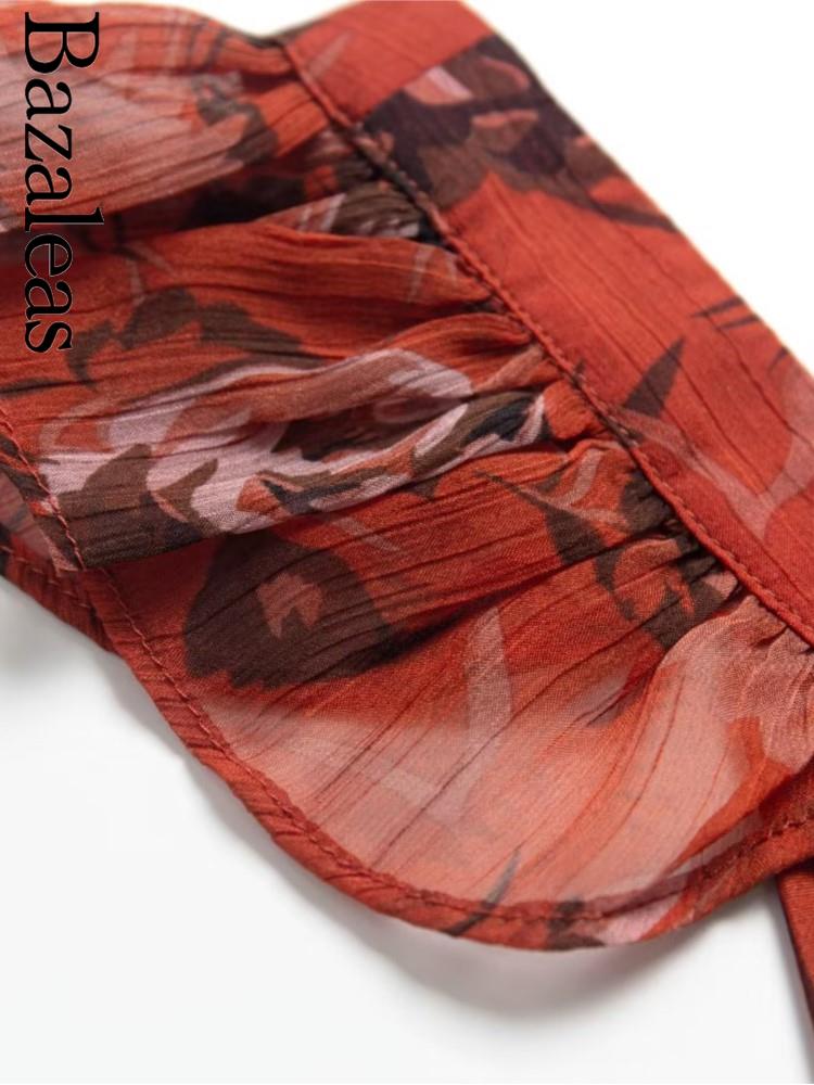 Bazaleas-Robe mi-longue à volants en mousseline de soie pour femmes, manches cape, imprimé floral rouge, vêtements d'été élégants, 2021