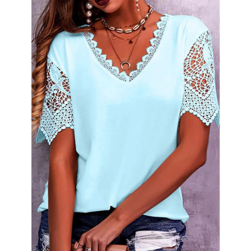 Vintage mode dentelle à la mode femmes t-shirts décontracté élégant Chic surdimensionné Blouses t-shirts couleur unie haut femmes vêtements