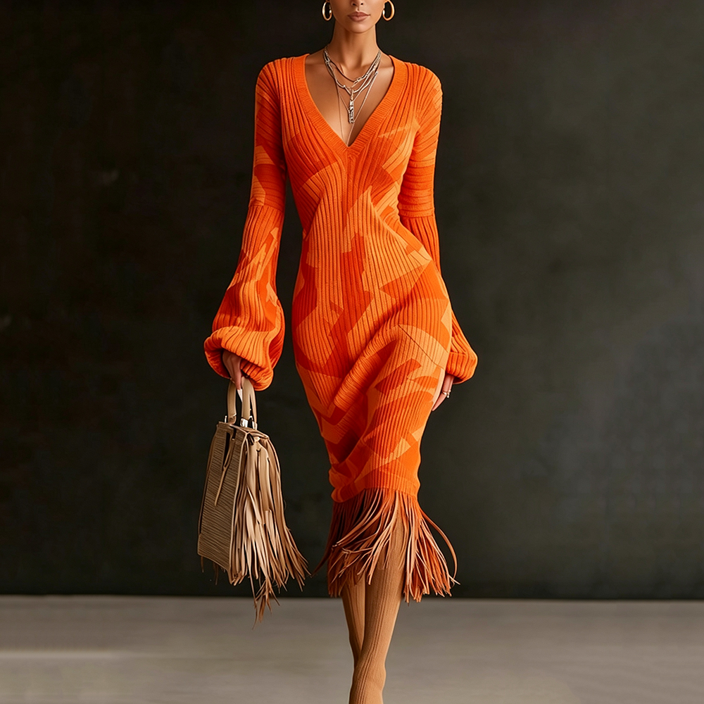 Robe longue chic en maille pour femme, imprimé camouflage vintage, col en V élégant, taille haute, manches longues évasées, coupe ajustée, ourlet à franges