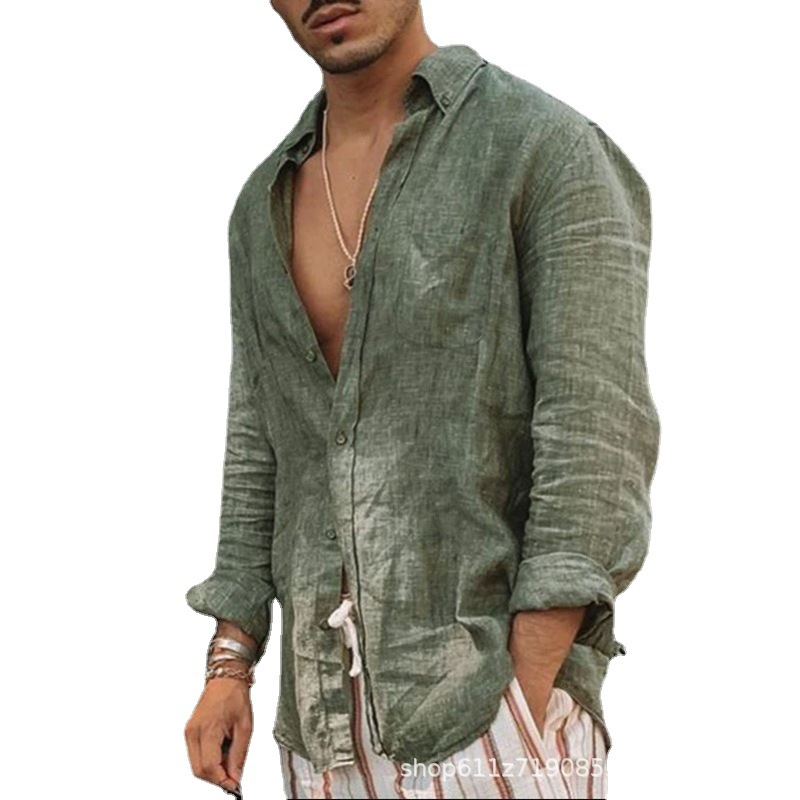 Chemise pour homme, été, décontractée, nouvelle, couleur unie, style européen, ample, avec poche, col à revers, manches longues, cardigan, chemise de plage, vêtements pour homme automne.