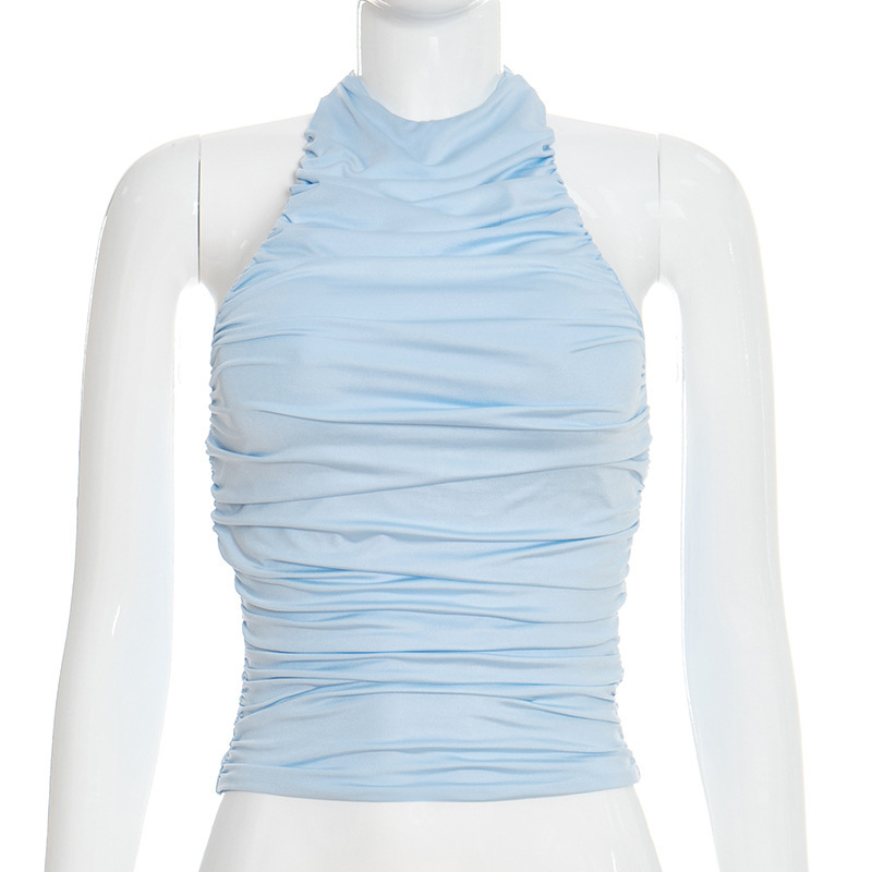 Haut chic d'été pour femme, col halter, sans manches, froncé, coupe ajustée