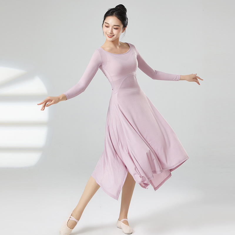 Robe longue de danse moderne pour femmes, vêtements d'entraînement en soie glacée solide, grand col en U, ourlet fendu irrégulier, Costume de culte de danseuse folklorique