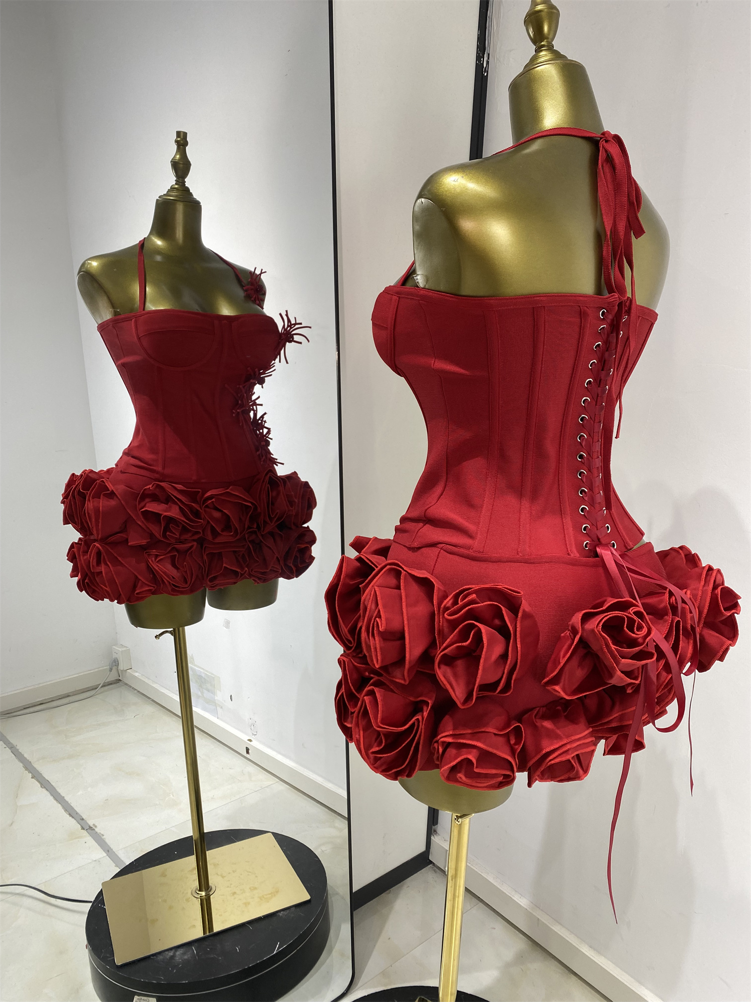 Tenues d'anniversaire noires pour femmes, ensemble deux pièces avec haut corset halter et mini-jupe rose, robe de soirée de célébrité pour club et fête