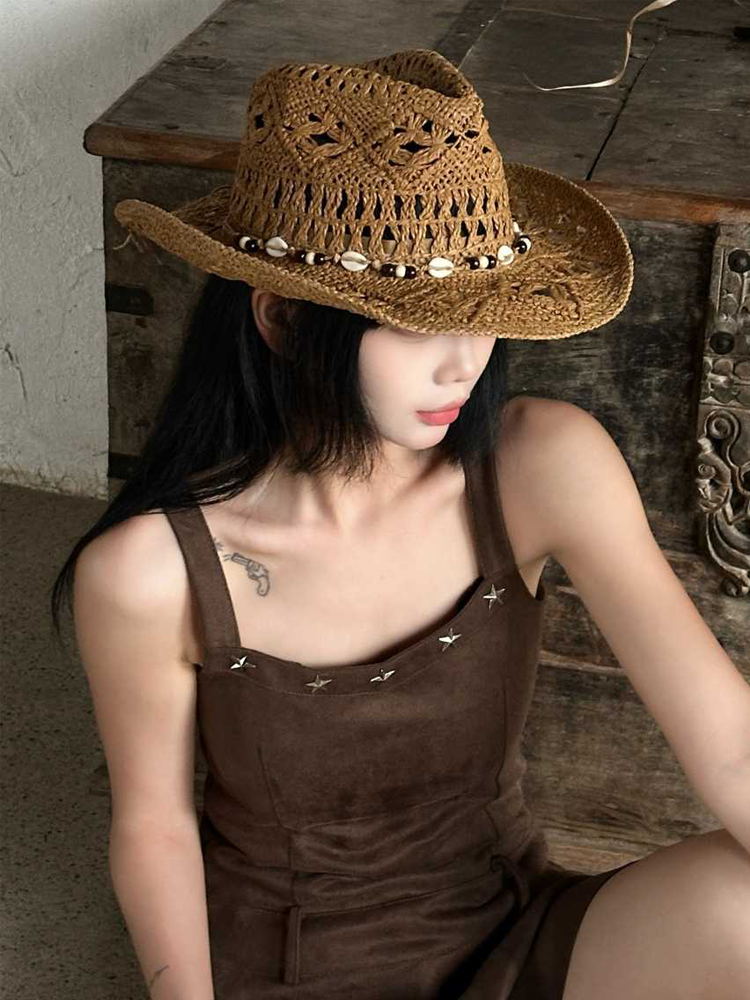 Chapeau de paille bohème d'été pour femmes et hommes, chapeaux de Cowboy de plage, perles en bois ajourées, chapeau de soleil occidental à large bord, casquette de vacances