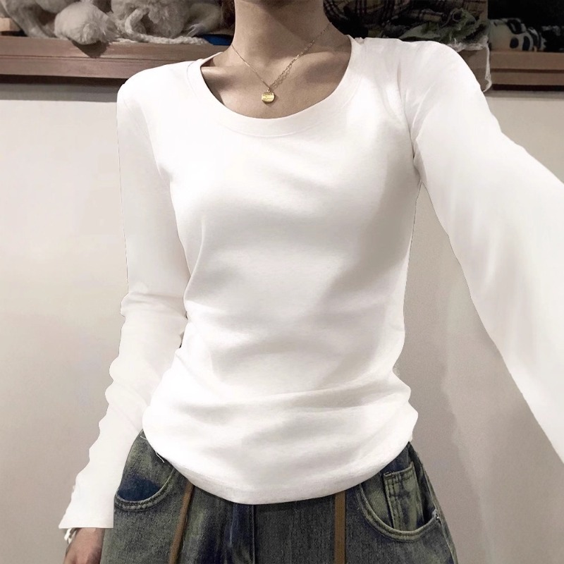 Vêtements pour femmes, tenue d'automne, t-shirt à col rond, manches longues, couleur unie, design tendance pour étudiantes, haut ajusté pour femme.