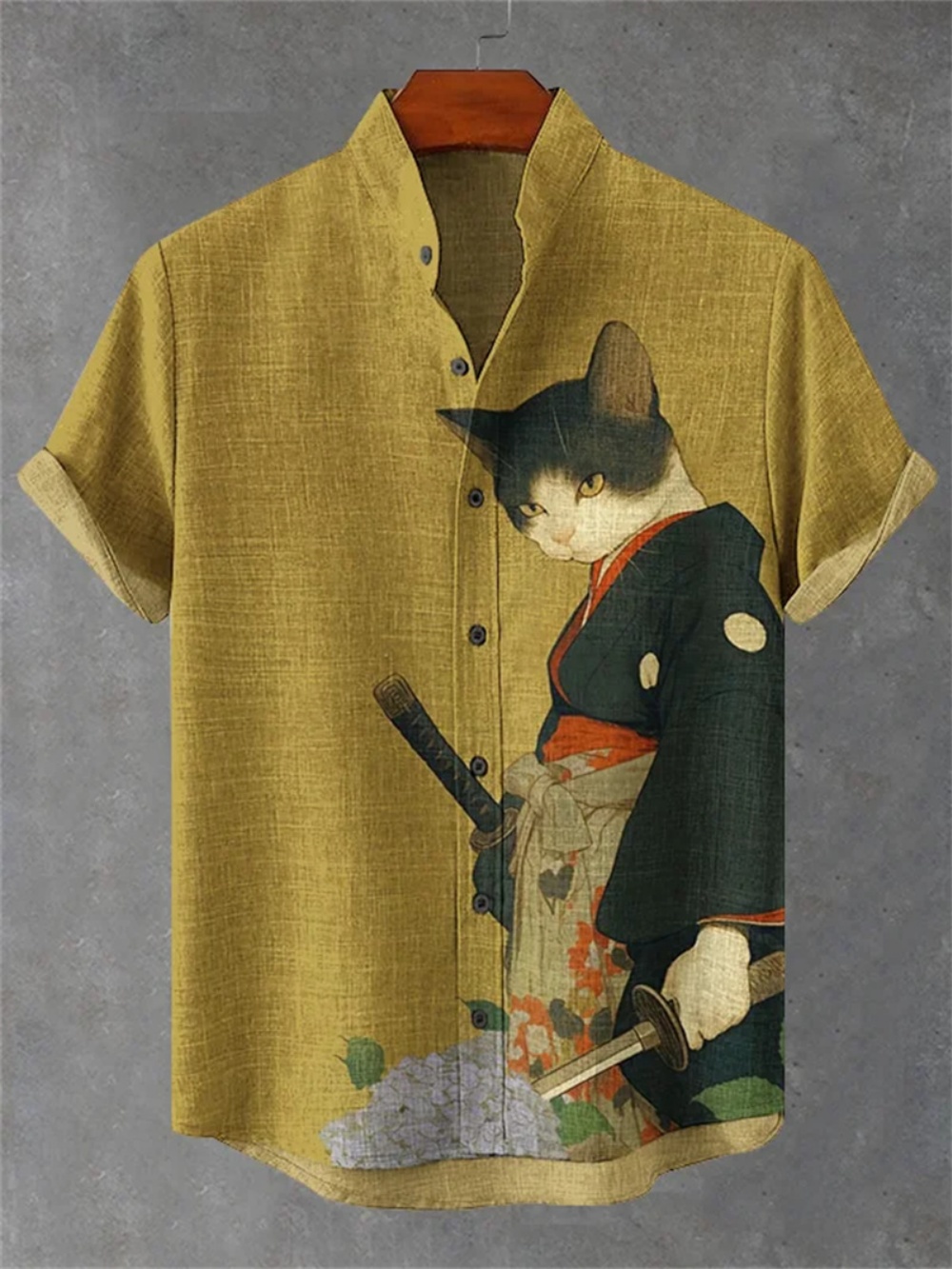 Chemise rétro en lin pour hommes, Kimono imprimé chat noir samouraï, manches courtes, vêtements respirants pour fêtes sociales, nouveau Style 2025