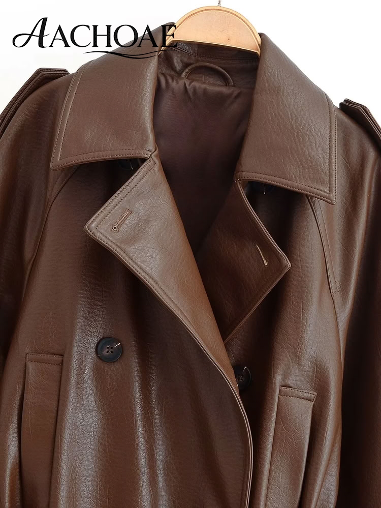 Veste en similicuir vintage pour femme, ceinturée, style motard, manteau oversize en cuir PU