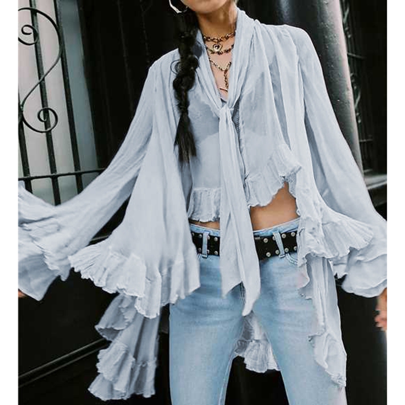 Chemisier cape pour femme à manches longues, transparent, sexy, avec volants et ourlet asymétrique, à nouer au cou