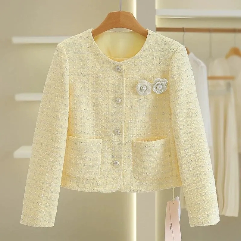 Nouveau Manteau Court Femme 2026 en Tweed, Col Rond, Simple Boutonnage, Style Cardigan, Coupe Ajustée et Ample, Tendance Jeune, Style Petite Fragrance