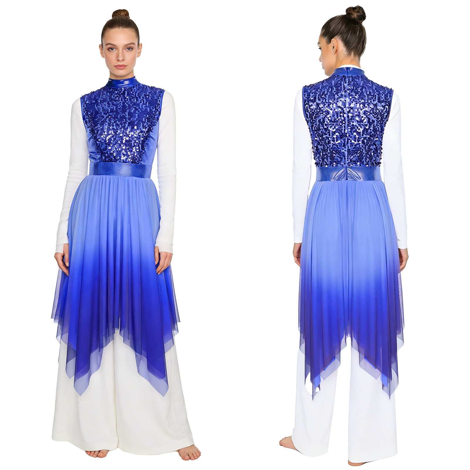 Robe de danse luge pour femmes, culte liturgique, paillettes scintillantes, corsage sans manches, maille dégradée, ourlet irrégulier, robe lyrique moderne