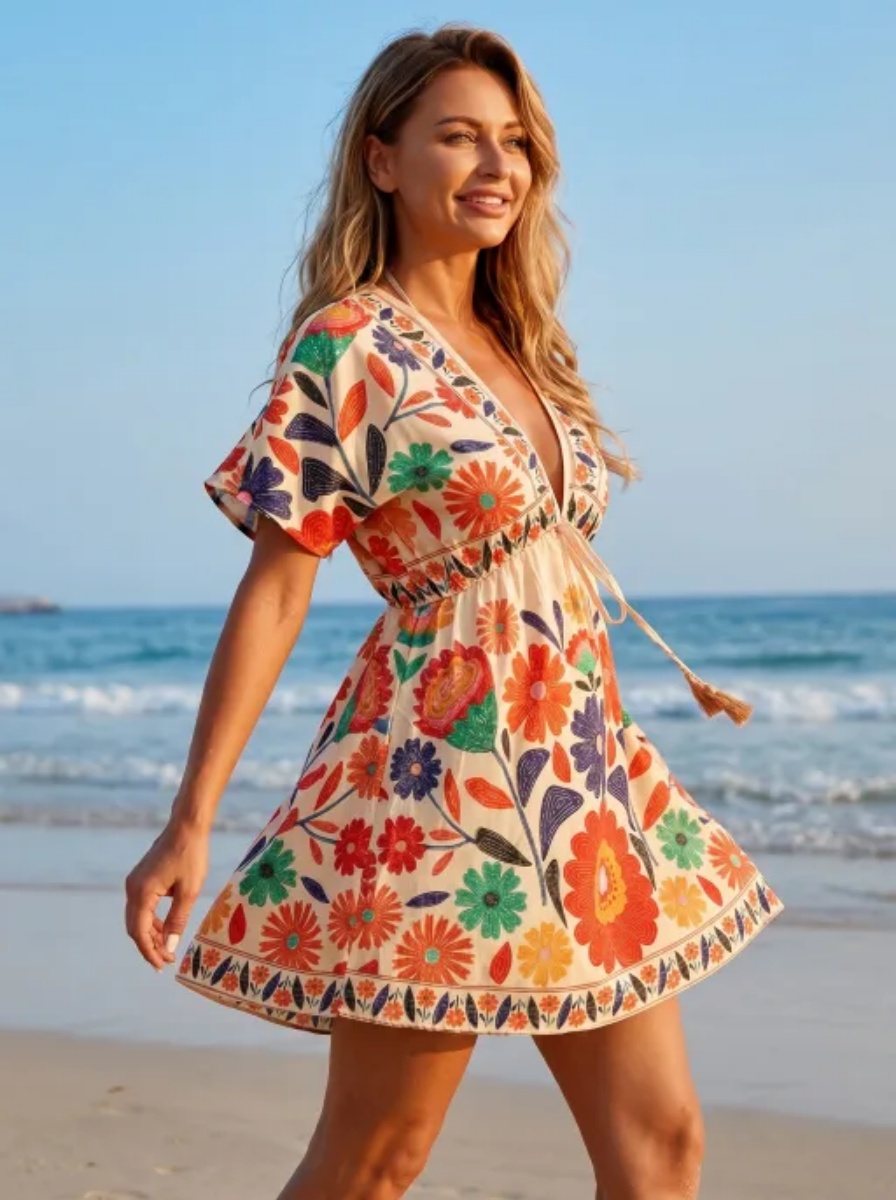 Robe de plage bohème à fleurs, col en V, manches courtes, mini-jupe, parfaite pour vos prochaines vacances