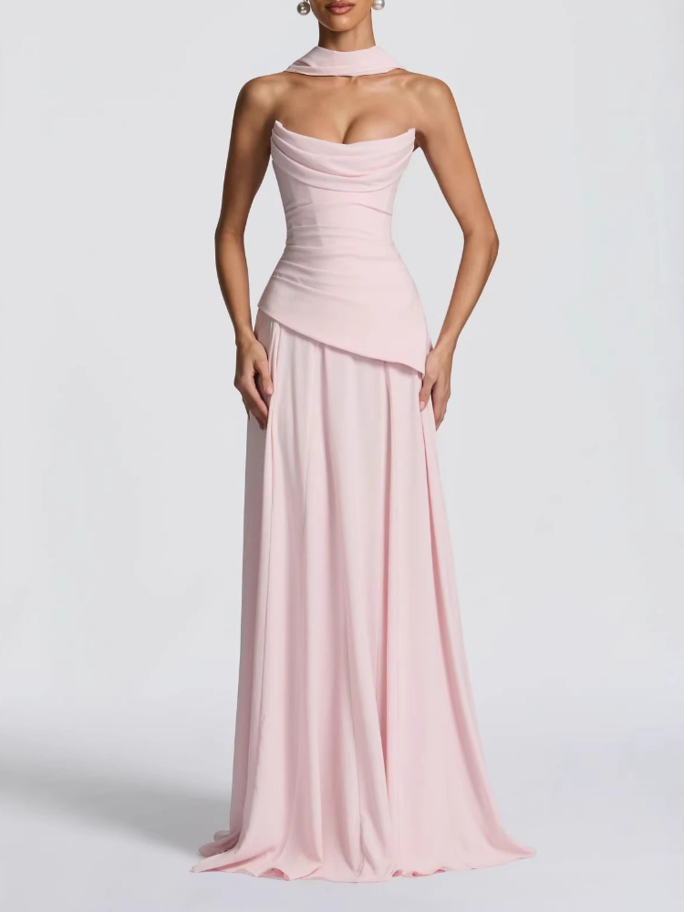 Robe de soirée élégante en mousseline simple, sans bretelles, col drapé, détail drapé, dos lacé, écharpe convertible, robe longue pour bal et mariage