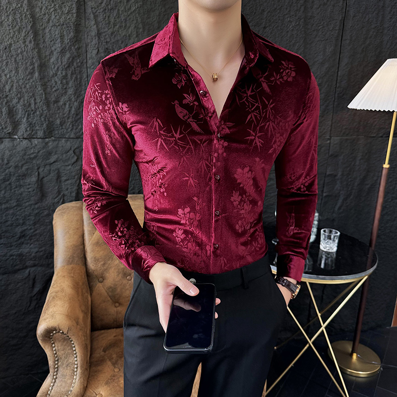 Chemise de luxe en velours et velours pour hommes, Slim, tenue décontractée, fête sociale, smoking, printemps, 2024