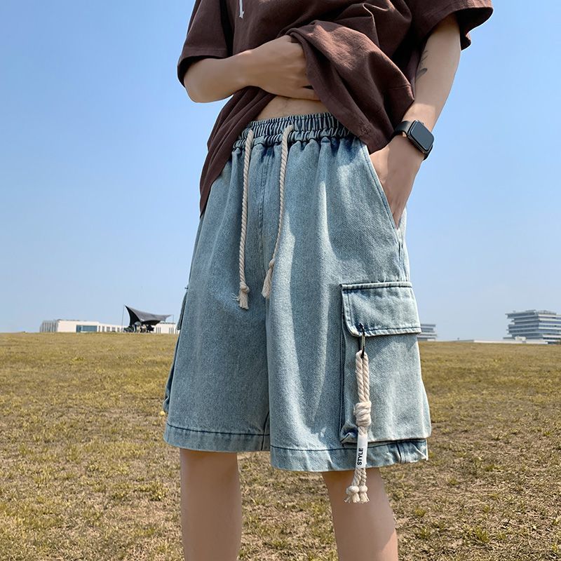 Vêtements de travail rétro américains fins pour hommes, Denim, taille élastique, ample, cinq points, taille moyenne, été