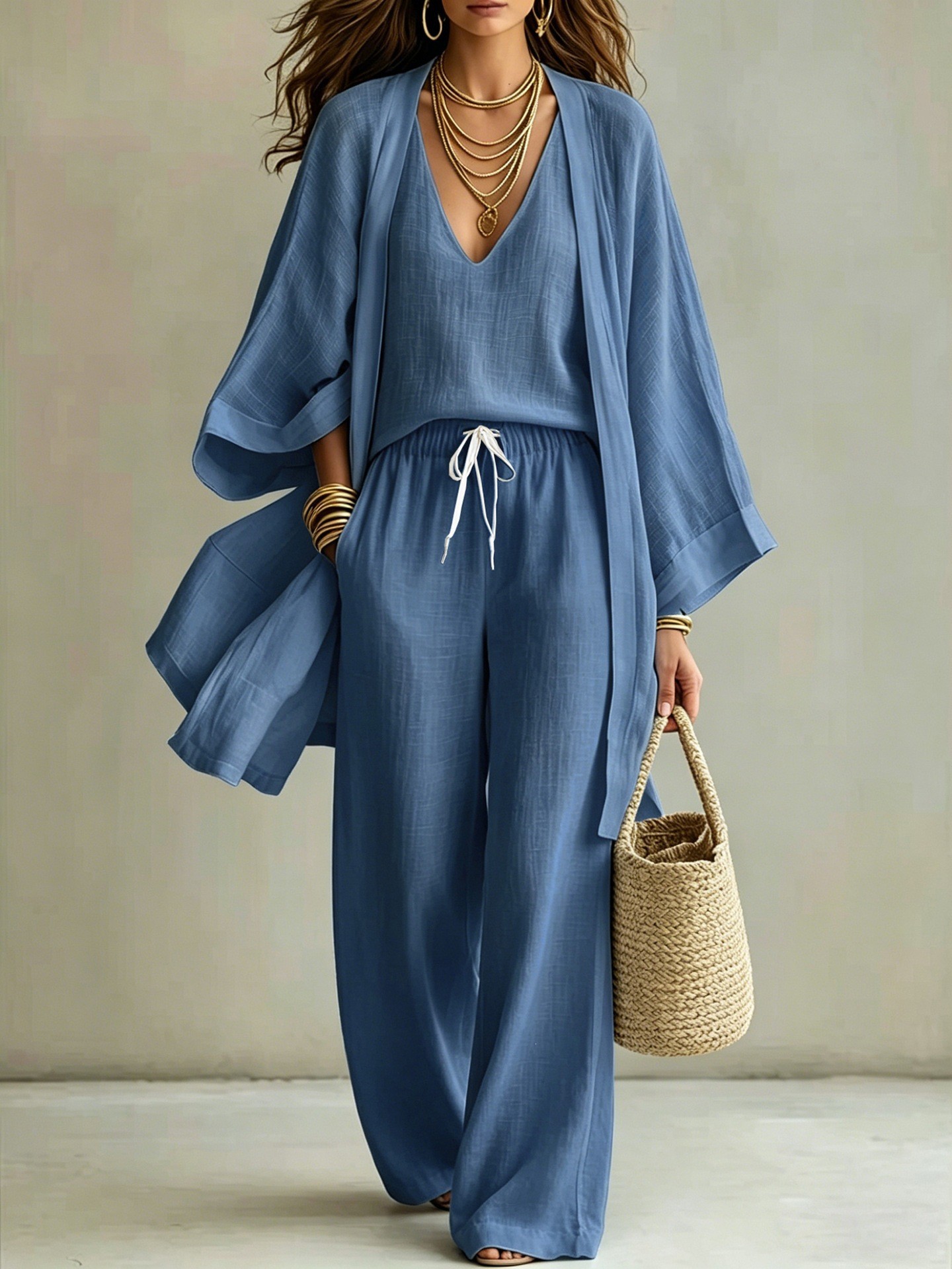 Ensemble 3 pièces pour femme, cardigan kimono, débardeur à col en V, pantalon large, costume léger et ample pour les vacances, les trajets quotidiens