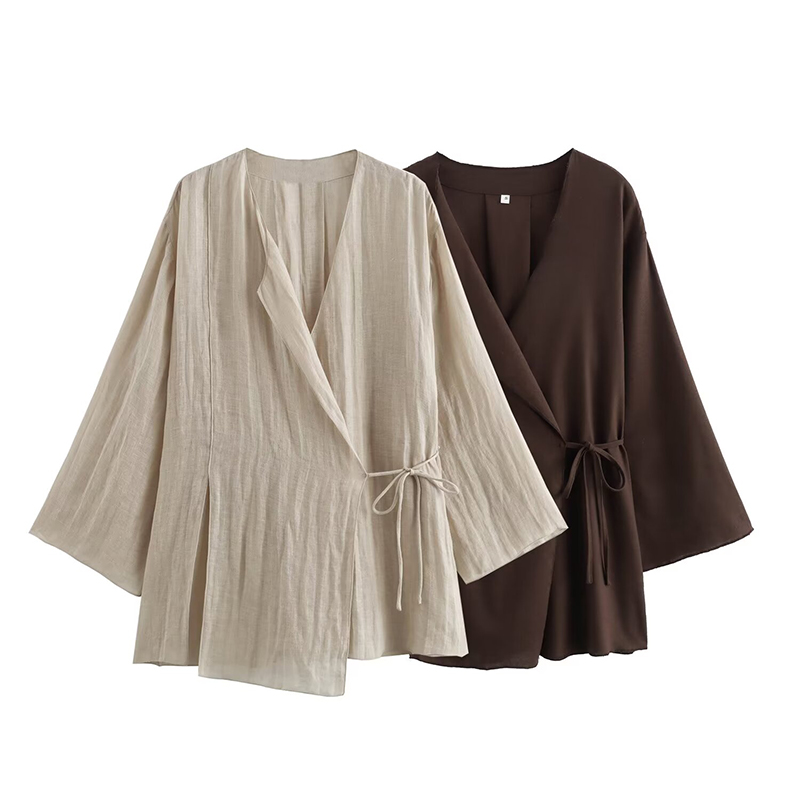 Kimono en lin croisé à manches longues pour femmes, col en V à lacets, chemise d'été décontractée, élégant
