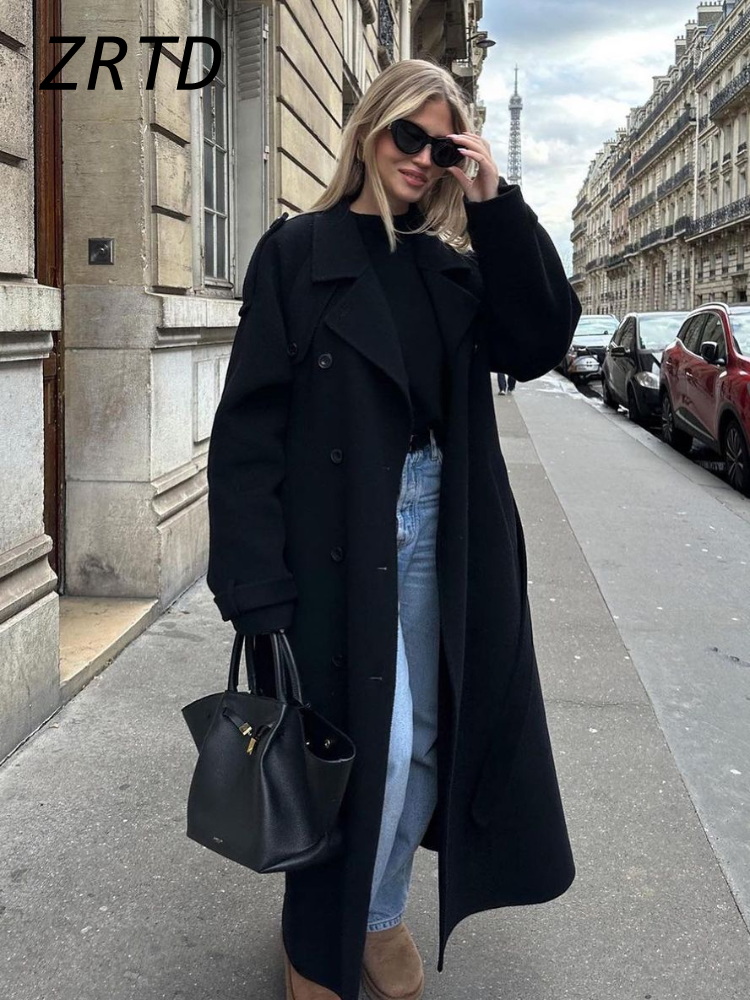 Manteau long en laine pour femme avec ceinture, col à revers ample, double boutonnage, manches longues, collection automne-hiver 2026, style trench-coat pour femme