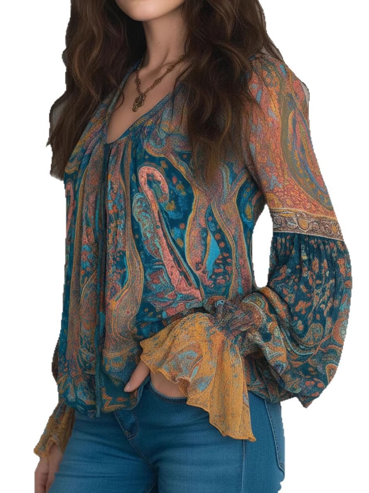 Chemisiers ethniques vintage bohèmes pour femmes, à manches longues et col en V, chemisiers décontractés à volants, chemises à imprimé paisley, t-shirts bohèmes de plage