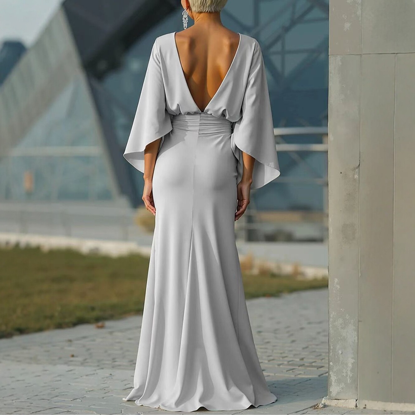 Robe longue bohème sexy dos nu pour femme, élégante, col rond, taille haute, manches chauve-souris, coupe droite ajustée, printemps-été