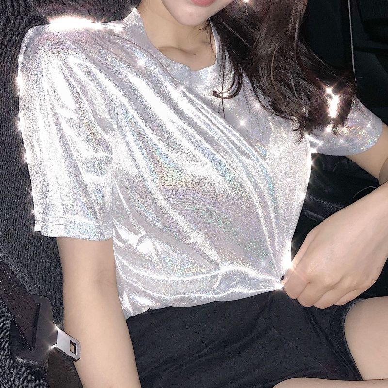 T-shirt manches courtes femme, estival et élégant, en soie brillante, ample, sexy, esthétique, harajuku