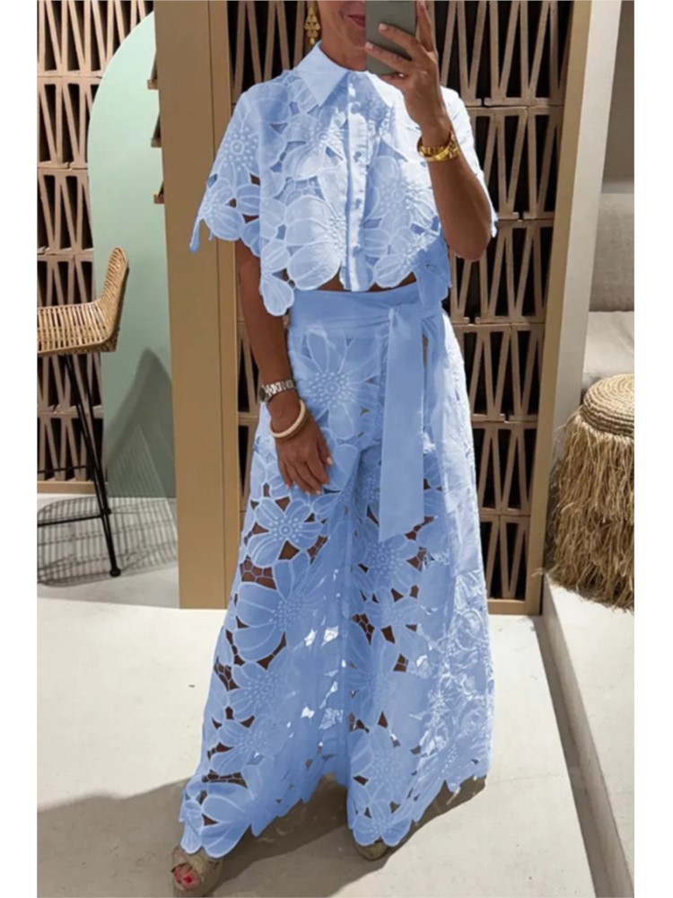 Ensembles élégants pour femmes, chemise creuse en dentelle, haut court + pantalon à jambes larges, ensemble deux pièces, costumes pour femmes, ensembles de couleur unie à la mode