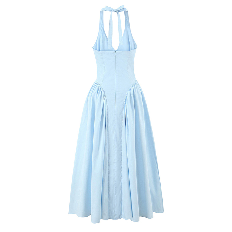 YENKYE nouveau élégant bleu licou Midi Robe longue femmes Sexy dos nu col en V profond taille basse a-ligne robes Robe de soirée 2025