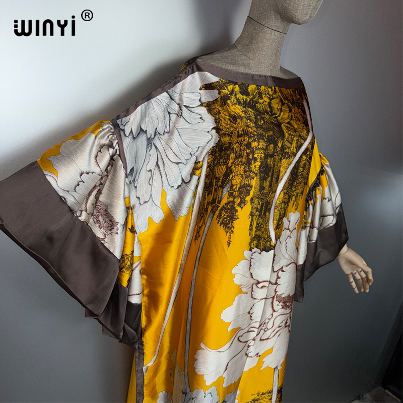 WINYI Robe de soirée d'été à manches bouffantes, Abaya de luxe de Dubaï, Kaftan ample imprimé pour femme, Vêtement musulman, Robe longue de soirée