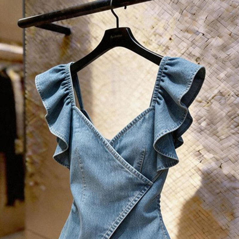 Nouvelle Collection Été-Automne 2026 : Gilet en Jean Style Coréen pour Femme – Veste sans Manches en Denim Tendance avec Volants