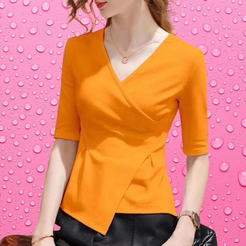 4XL 2023 femmes chemisiers d'été col en v dame mode décontracté à manches courtes bureau Sexy couleur unie vêtements hauts et t-shirts WY0856