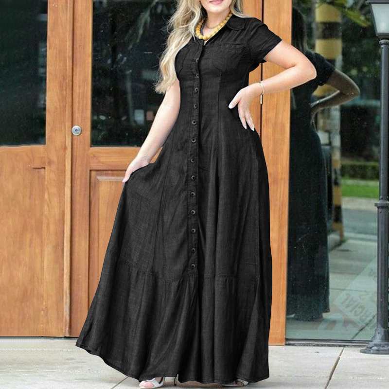 Robe trapèze en denim taille haute pour femme avec ourlet à volants, poches plaquées, robe longue élégante pour femme, tenue décontractée ou formelle