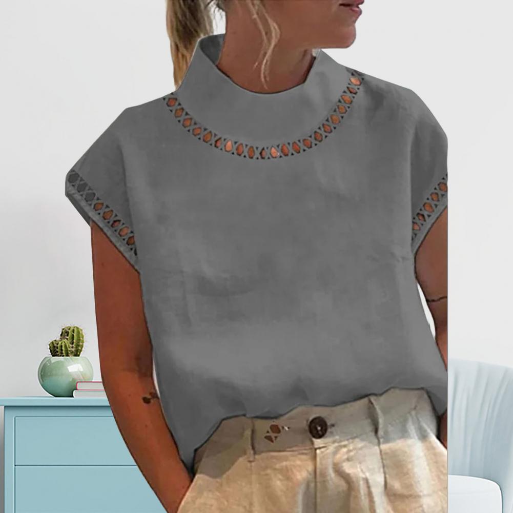 Femmes décontracté col rond coton lin Blouses printemps évider épissage bureau haut été à manches courtes en vrac Vintage vêtements chemises